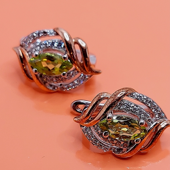 Natural Peridot & CZ 925 Sterling Silver Earrings - Picture 6 of 7